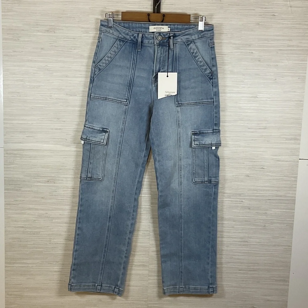 Hidden Denim Tracey Cropped Cargo Jeans Size 27 Blue 28” Inseam NWT - Picture 2 of 10